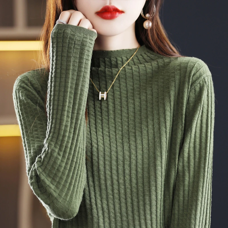 2024春季新款女士针织衫半高领华福格薄款长袖精纺超细羊毛打底衫