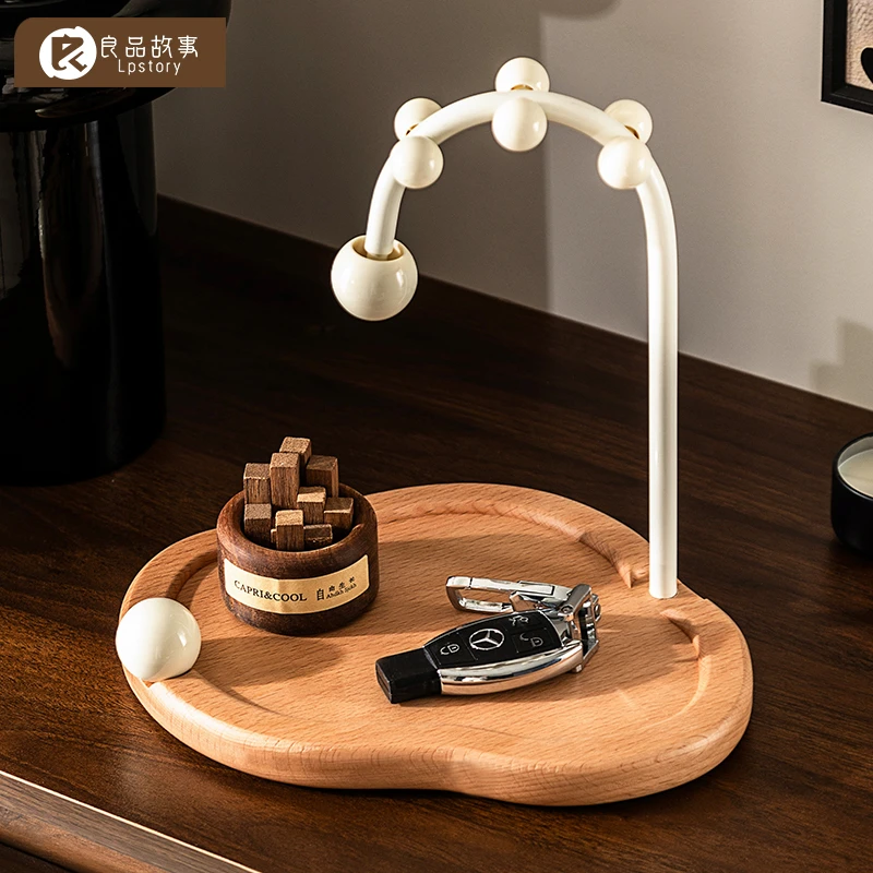 良品故事原木奶油风钥匙收纳架玄关入户门口实木托盘置物架子摆件