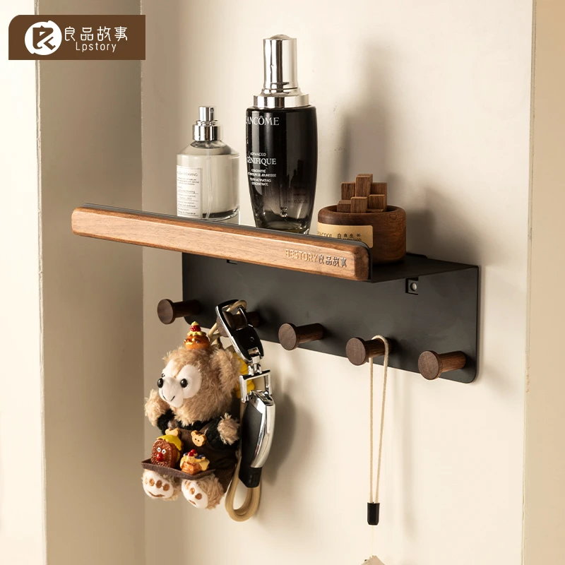良品故事胡桃木入户门挂衣钩进门玄关免打孔壁挂式钥匙衣帽置物架