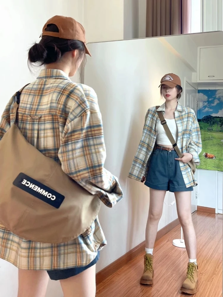 【苗苗】522美式复古格子衬衫外套女2024秋季新款长袖衬衣初秋上衣