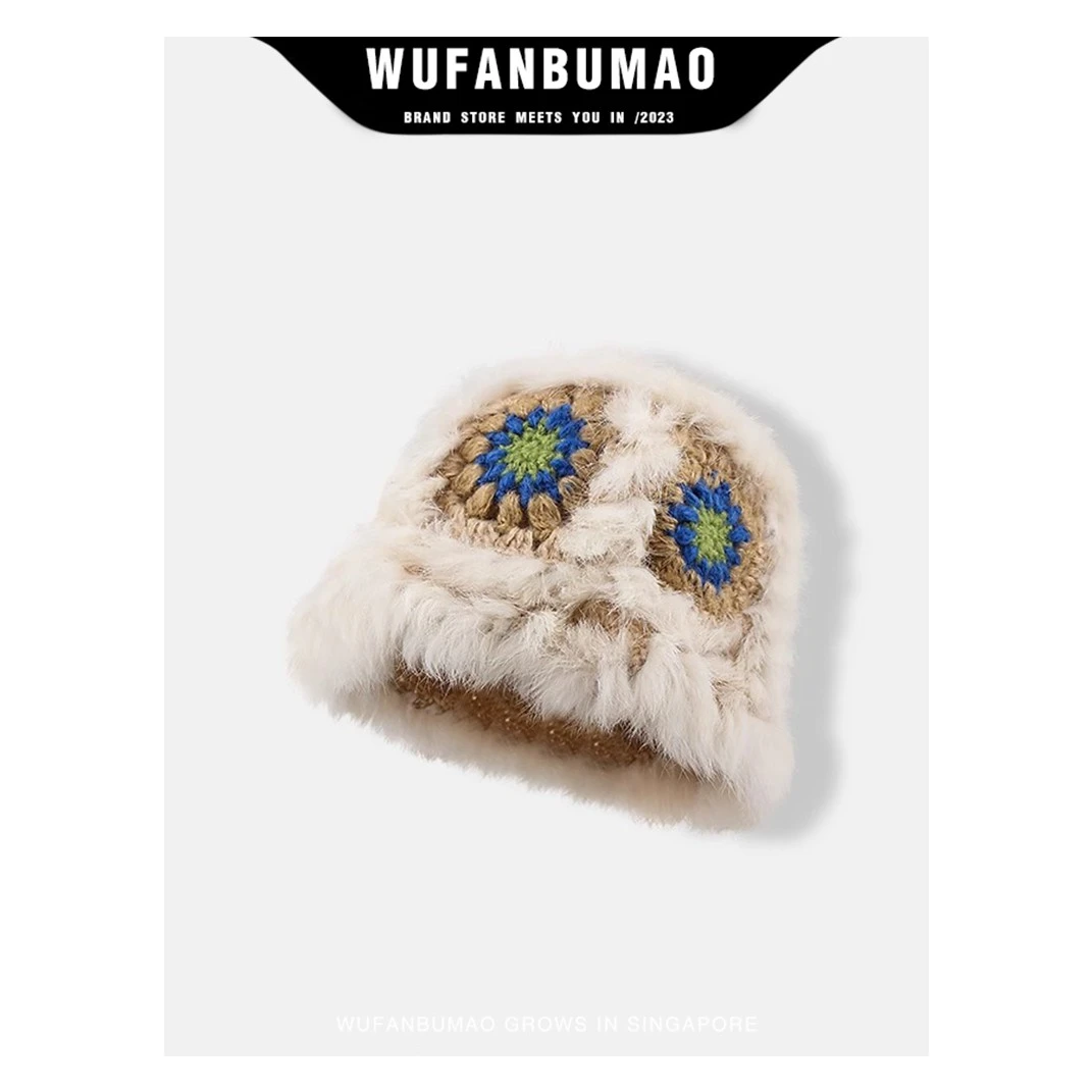 兔毛醒狮帽子女秋冬可爱保暖毛绒渔夫帽手工针织毛线帽