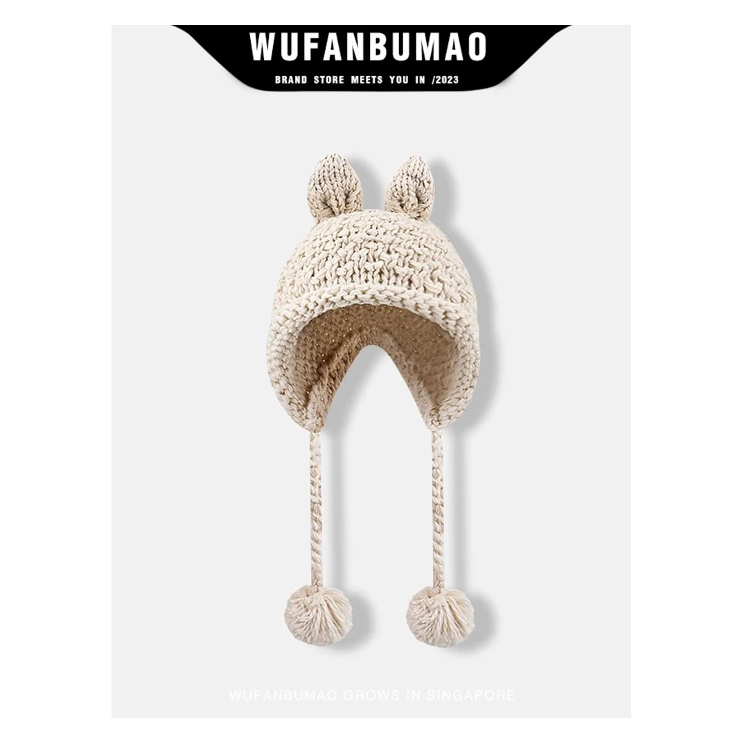 可爱手工兔耳朵毛线帽子女款秋冬季女士保暖护耳雷锋帽针织帽子潮
