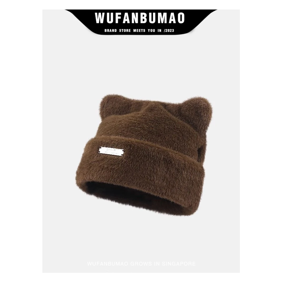 可爱小熊耳朵毛线帽子女款秋冬季加厚保暖毛绒包头帽子女士冷帽潮