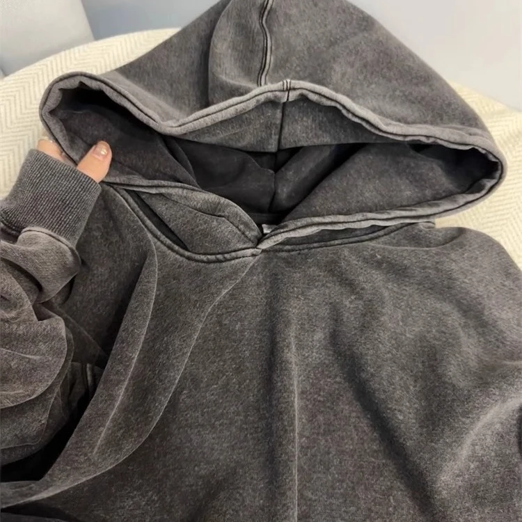 顶瓜瓜大码300斤暗黑系氛围感水洗做旧连帽卫衣男女秋冬加绒外套