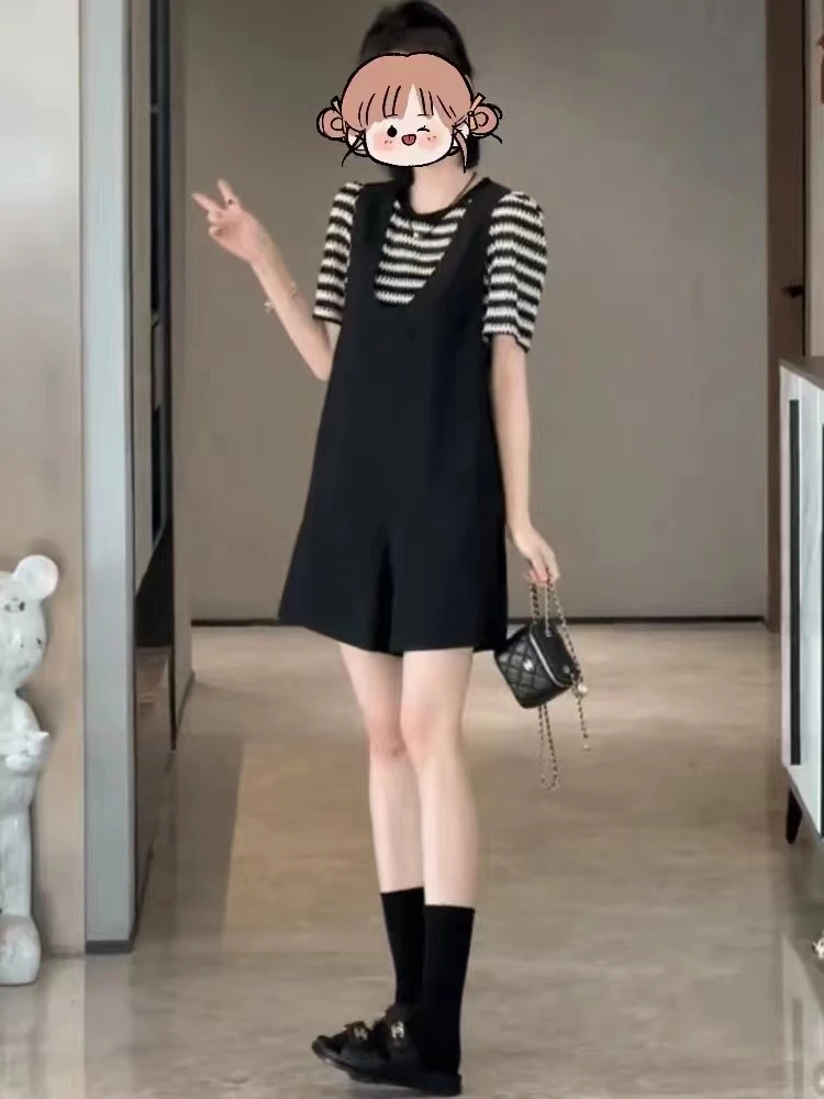 阿拉卓大码速干波浪条纹T恤➕背带阔腿短裤两件套套装