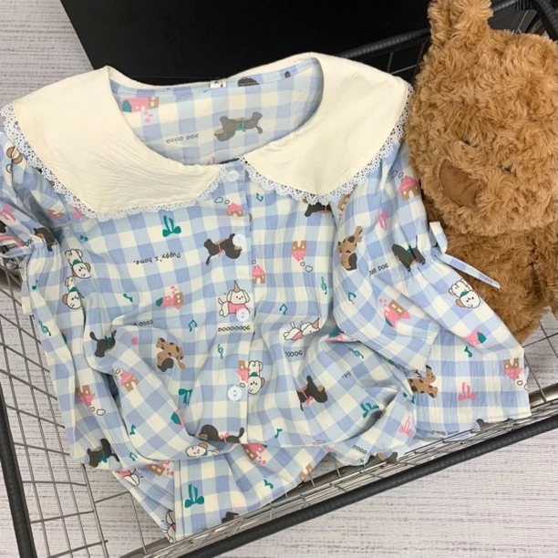 【花边娃娃领】少女睡衣春秋季长袖云朵棉纱宽松版可爱风家居服套装