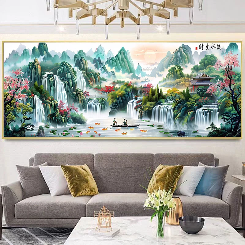 流水生九鱼聚十字绣客厅简约现代刺绣手工自己绣满绣大幅大气财