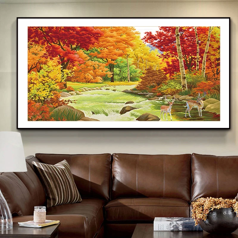 碧水金秋十字绣2024新款绣客厅卧室餐厅麋鹿风景流水生手工刺绣
