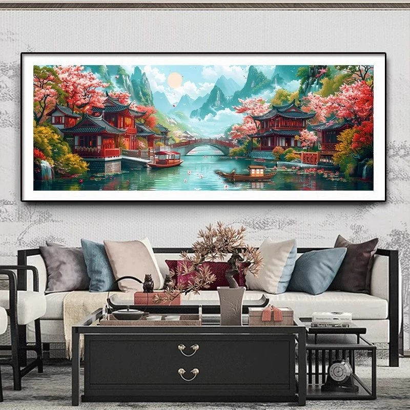 江南古韵十字绣2024新款高端客厅简约现代山水风景手工刺绣满绣