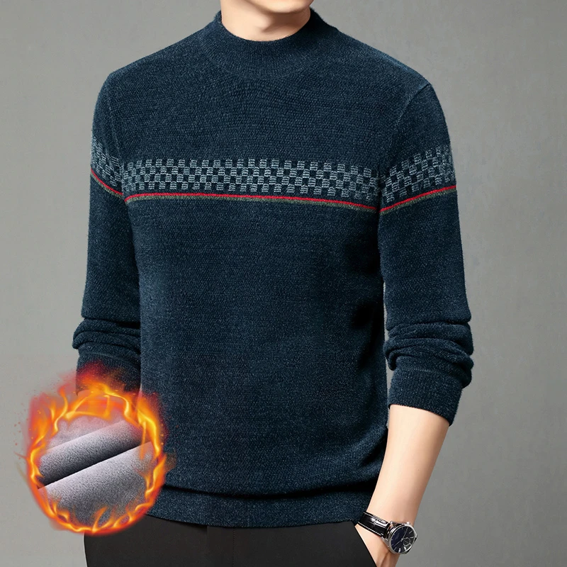 2024年秋冬男士毛衣加绒加厚雪貂绒保暖上衣爸爸时尚半高领针织衫