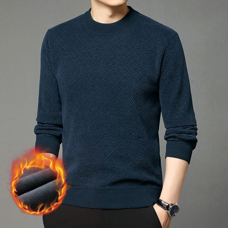 男士冬季圆领时尚针织毛衣秋冬保暖加绒长袖卫衣百搭打底衫爸爸装