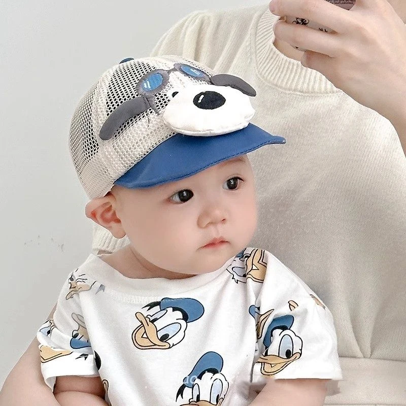 婴儿帽子夏季薄款宝宝鸭舌帽可爱小狗男童棒球帽网眼透气防晒遮阳