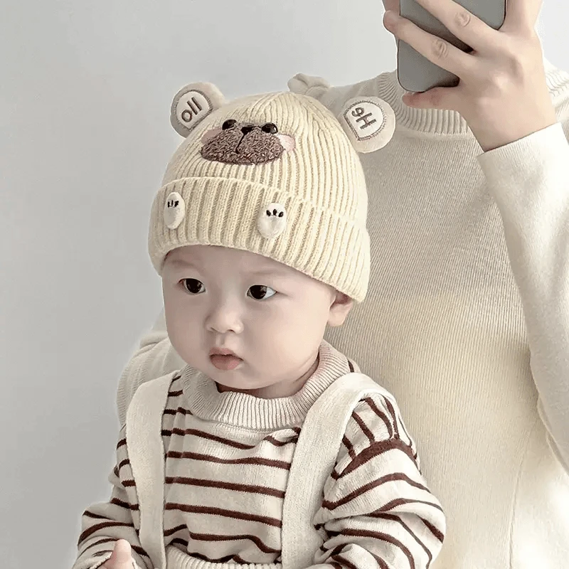 婴儿帽子秋冬季韩版超萌小熊幼儿男童毛线帽小月龄宝宝加厚针织帽