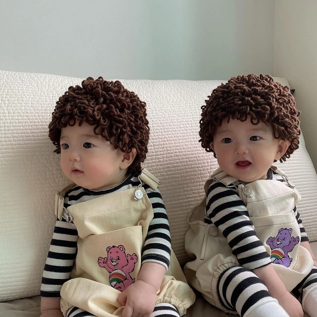 婴儿帽子韩国秋冬季女宝宝超萌可爱男宝宝毛线帽儿童头发假发帽