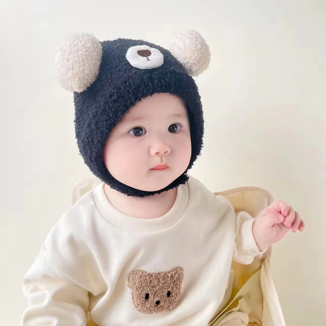 秋冬宝宝毛绒帽可爱小熊男女童婴幼儿保暖帽子冬天防寒护耳套头帽
