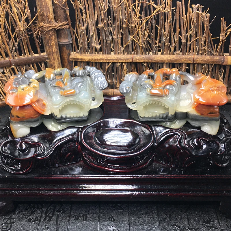 云南天然正品A货黄龙玉霸王貔貅手把摆件一对黑金沙招财阴阳送座