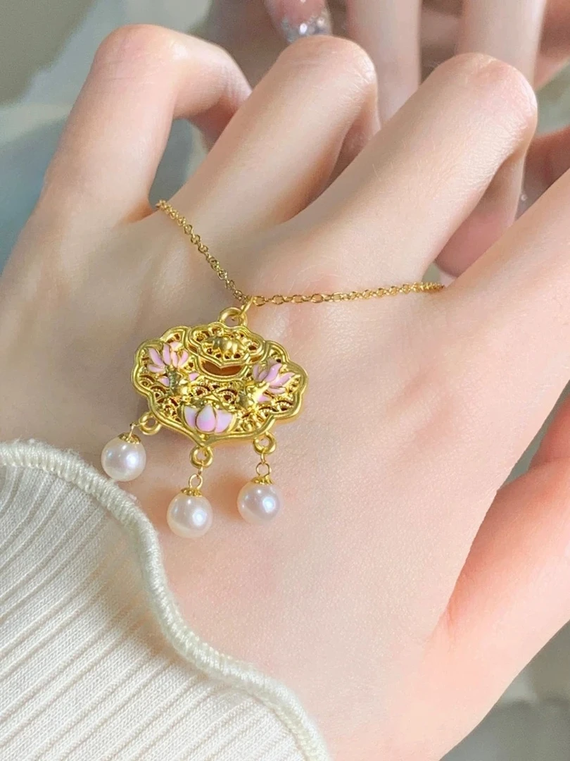 合金项链 古法金锦鲤莲花平安锁项链女十里红妆长命金锁