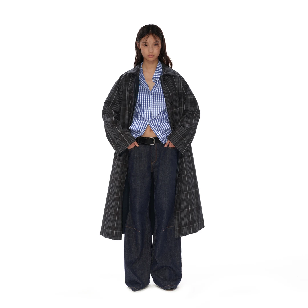 NUTH正反两穿格纹/藏蓝色复古中长款格子大衣风衣外套女