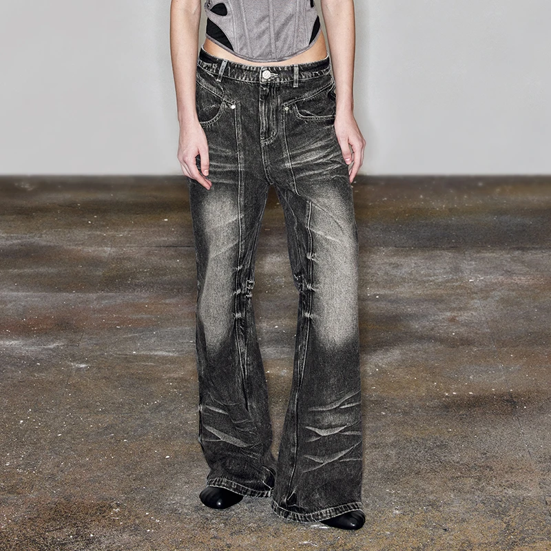 NUTH“非装饰”｜黑色水洗牛仔裤抓褶设计微喇直筒牛仔裤