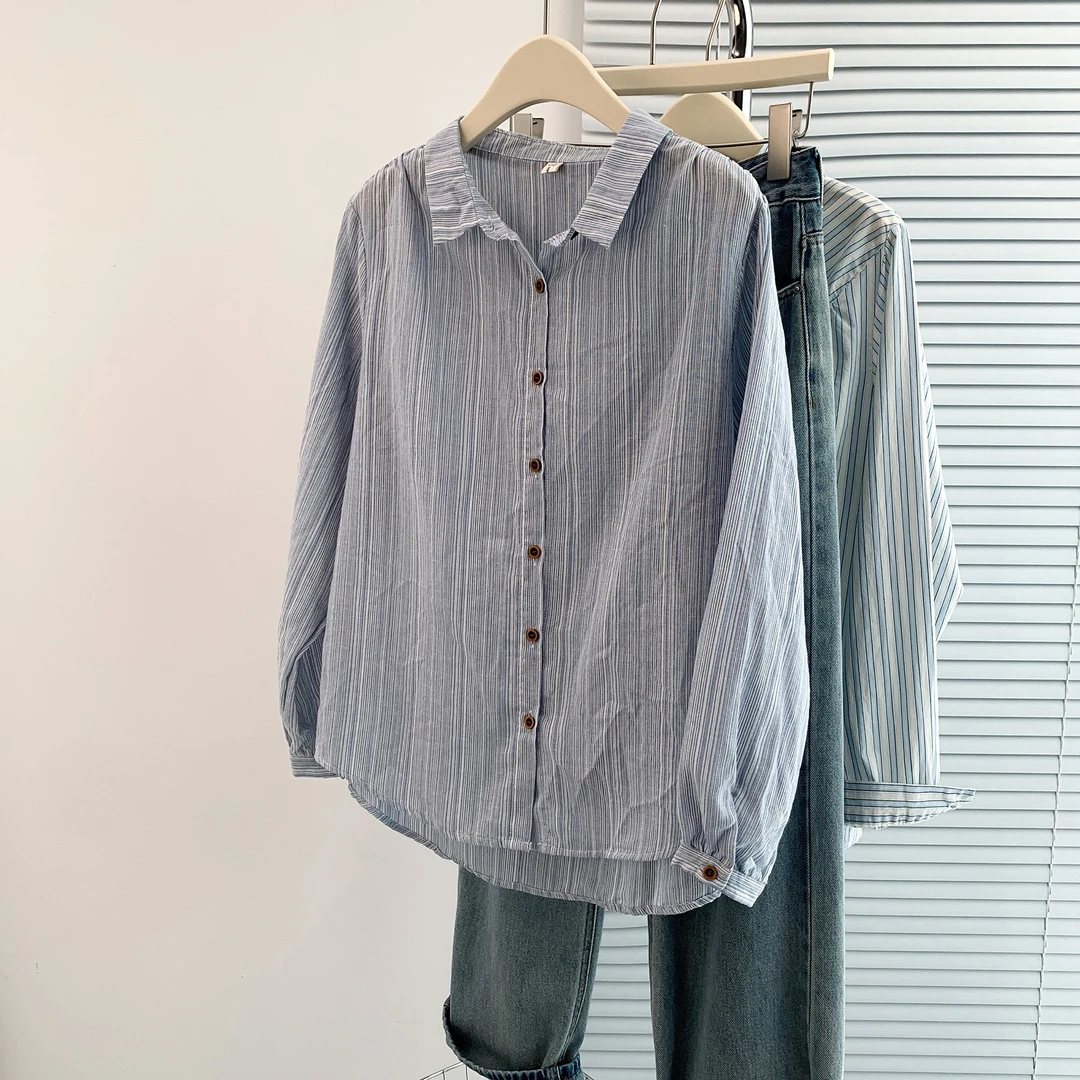 慵懒风蓝色条纹衬衫女秋设计感小众法式上衣复古韩系宽松长袖外套