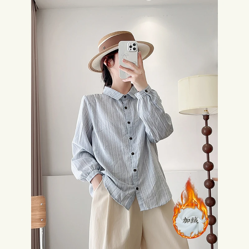 新款秋冬加绒加厚宽松小众显瘦条纹衬衫女复古气质百搭长袖衬衣