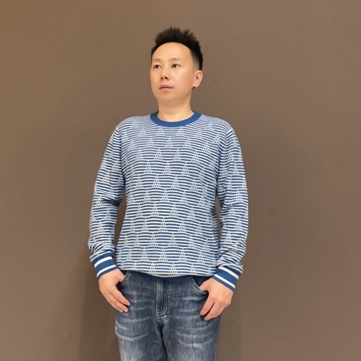 男士100%山羊绒羊绒衫时尚百搭男士圆领条纹626806款
