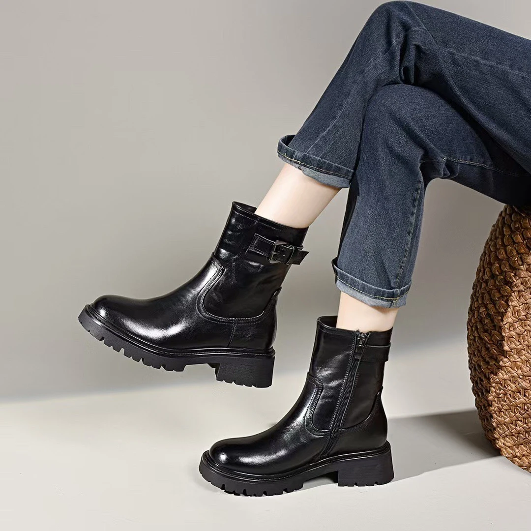 菲秒2024秋冬新款皮带扣时尚复古马丁靴瘦腿靴