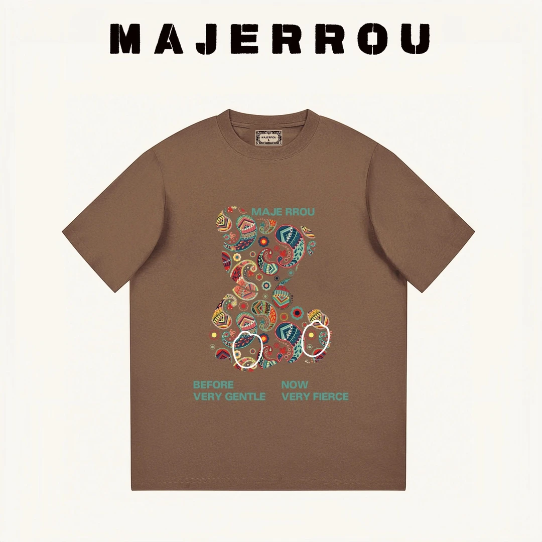 MAJERROU/玛基欧暴力熊圆领男士夏季新重磅棉轻奢设计师款短袖T恤