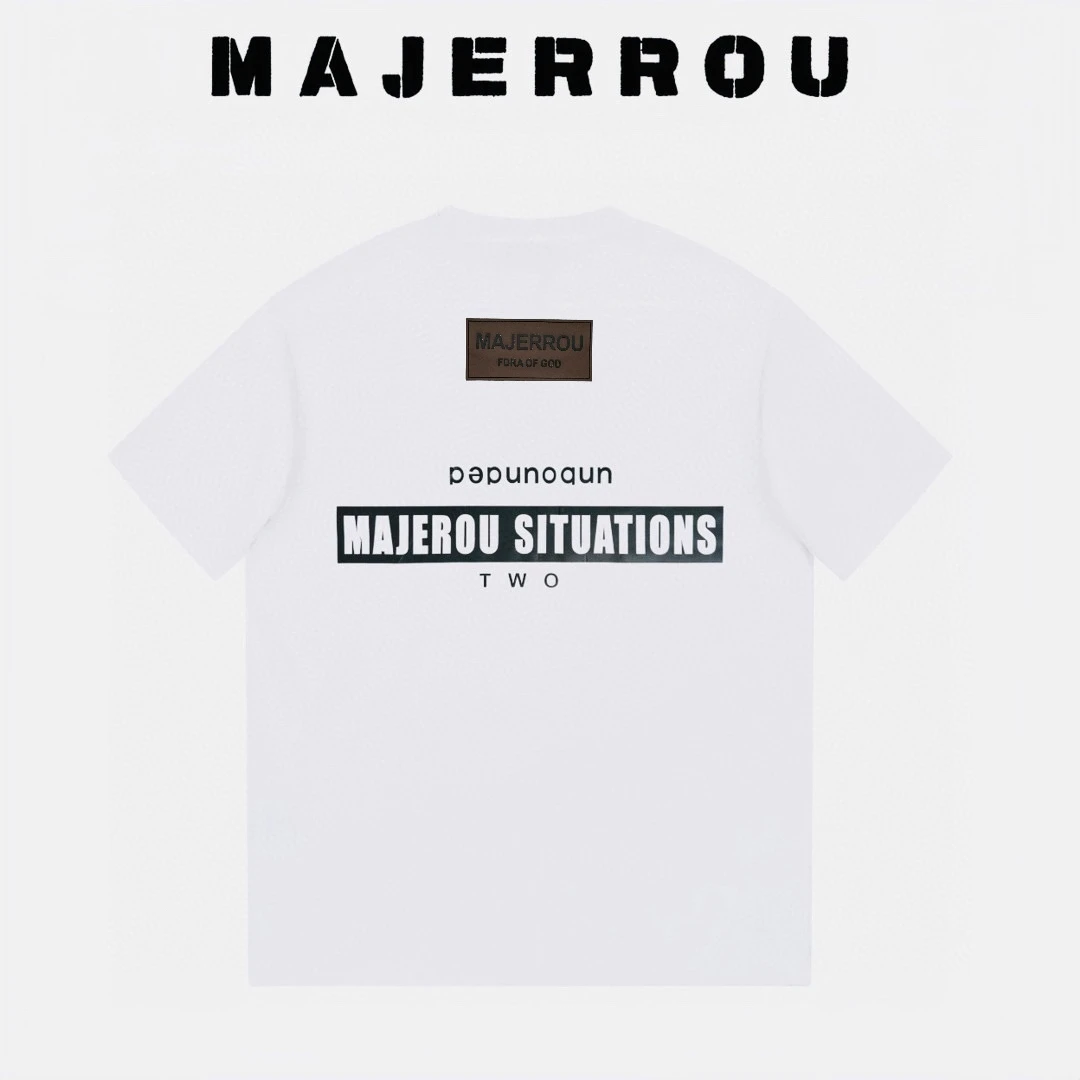 MAJERROU/玛基欧夜光咖标短袖男士夏季重磅棉宽松欧美轻奢休闲T恤