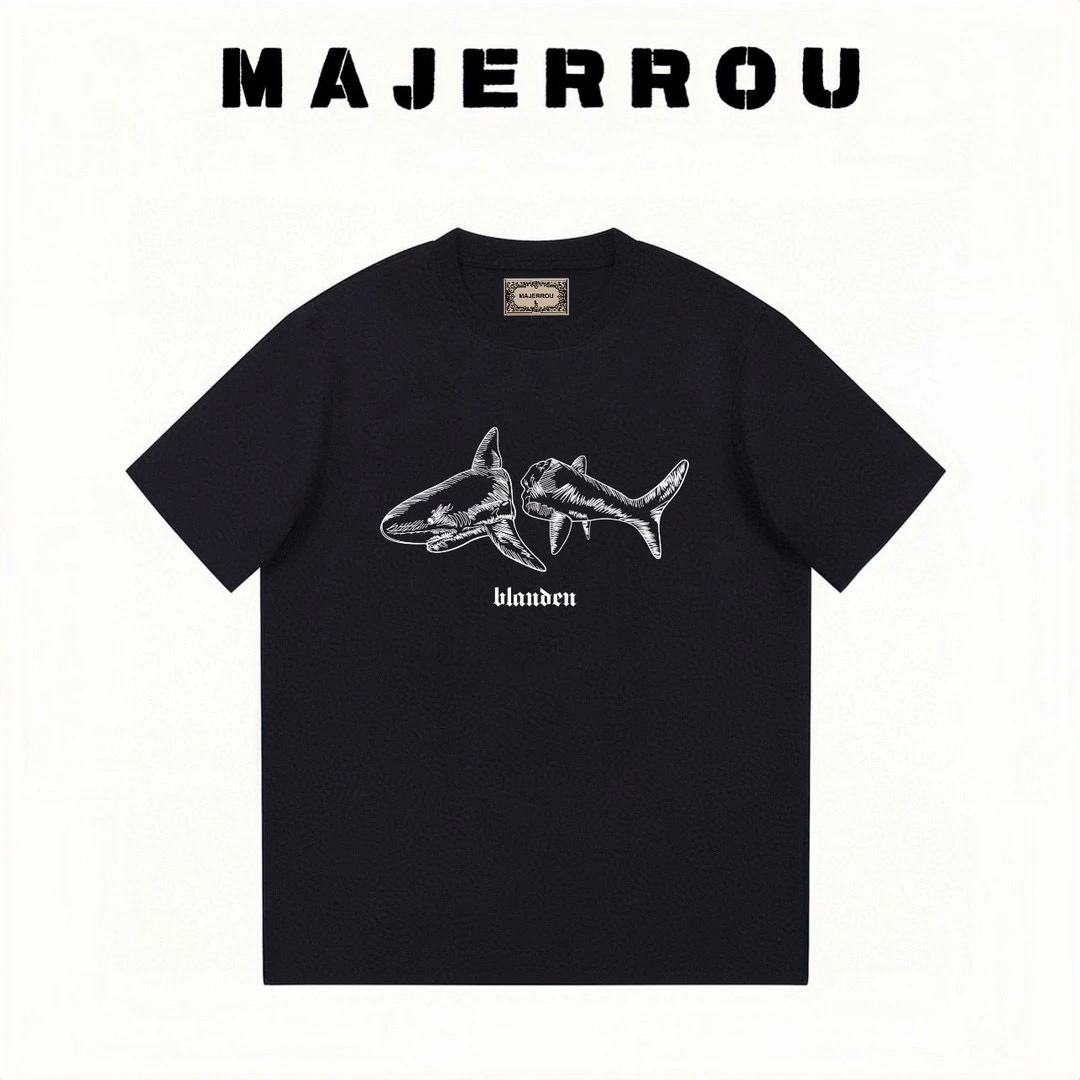 MAJERROU/玛基欧夏季新款美式街头半袖T恤男鲨鱼印花潮流宽松上衣