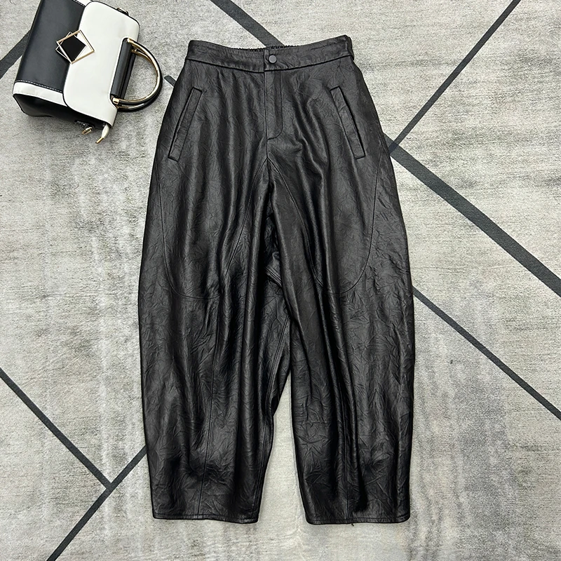 全植鞣绵羊皮2025新款宽松显瘦真皮皮裤女酷飒哈伦九分