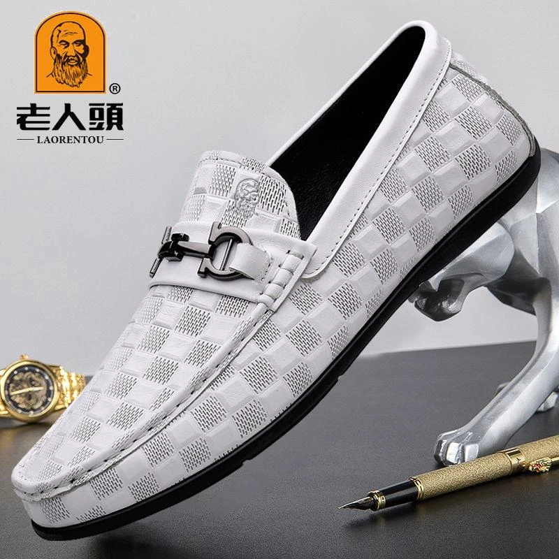 老人头白色皮鞋子男款百搭夏季软面软底豆豆鞋真皮休闲男鞋驾车鞋