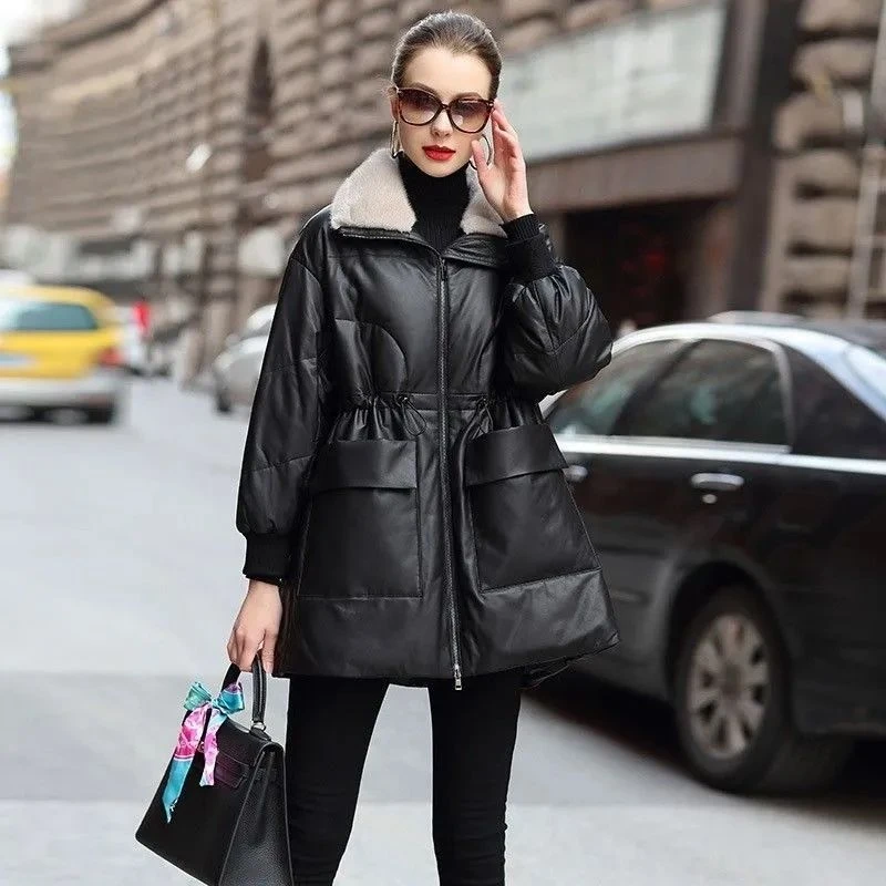 海宁2024冬季新款皮衣女外套时尚宽松大码防寒保暖加绒中长款大衣