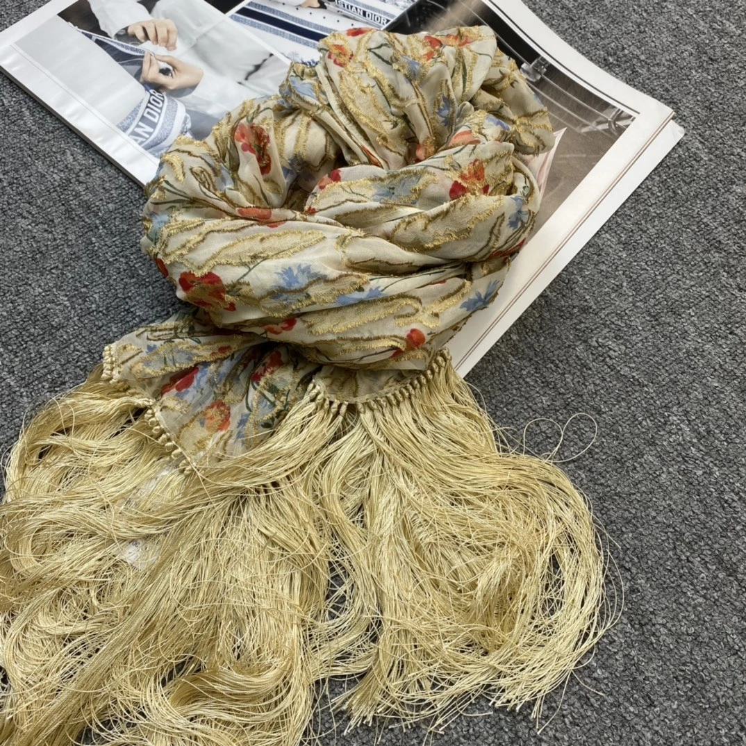 全新未使用 DIOR/迪奥 女士 金色扶桑花流苏气质围巾114885