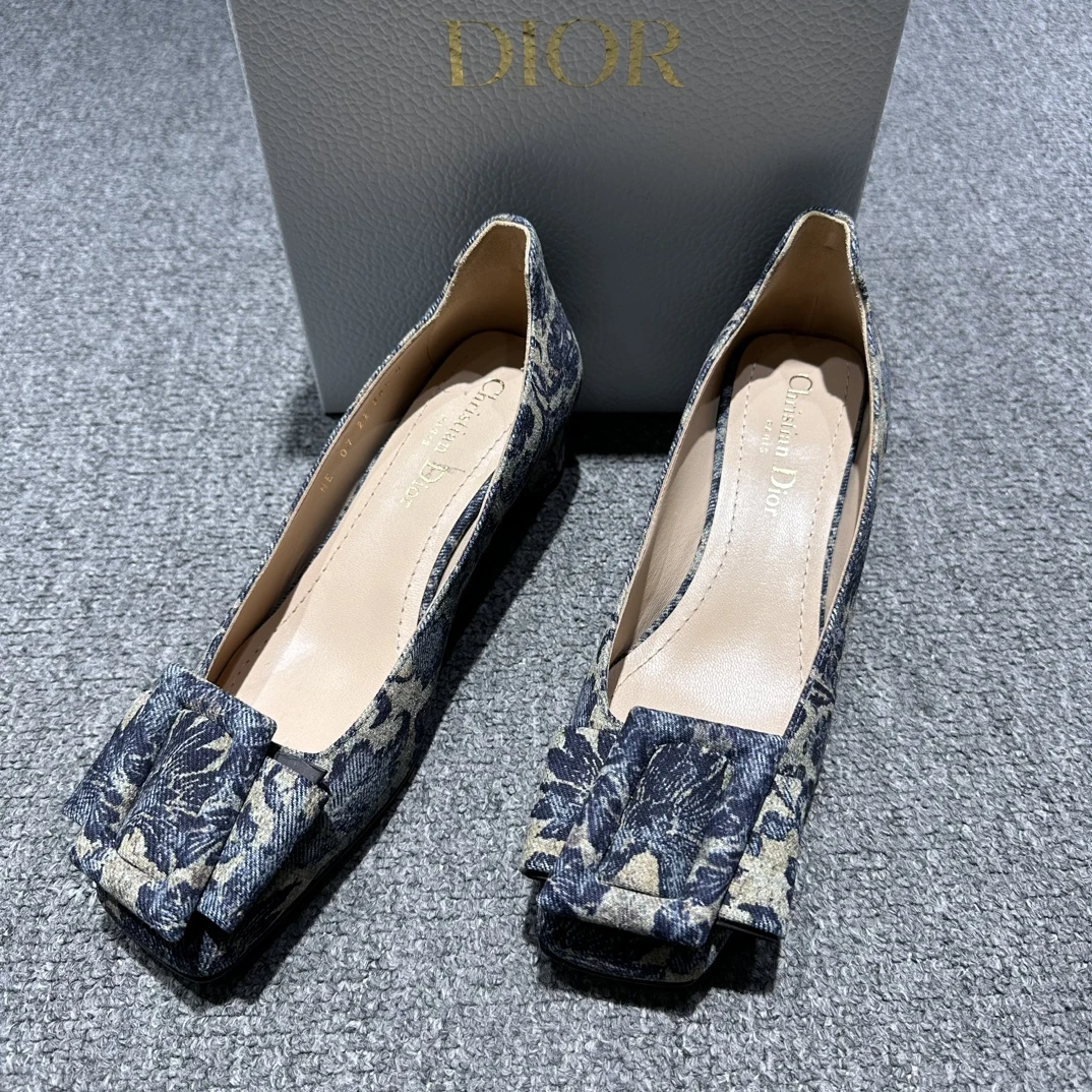 全新未使用 DIOR/迪奥 女士深蓝色织物印花粗跟鞋128902