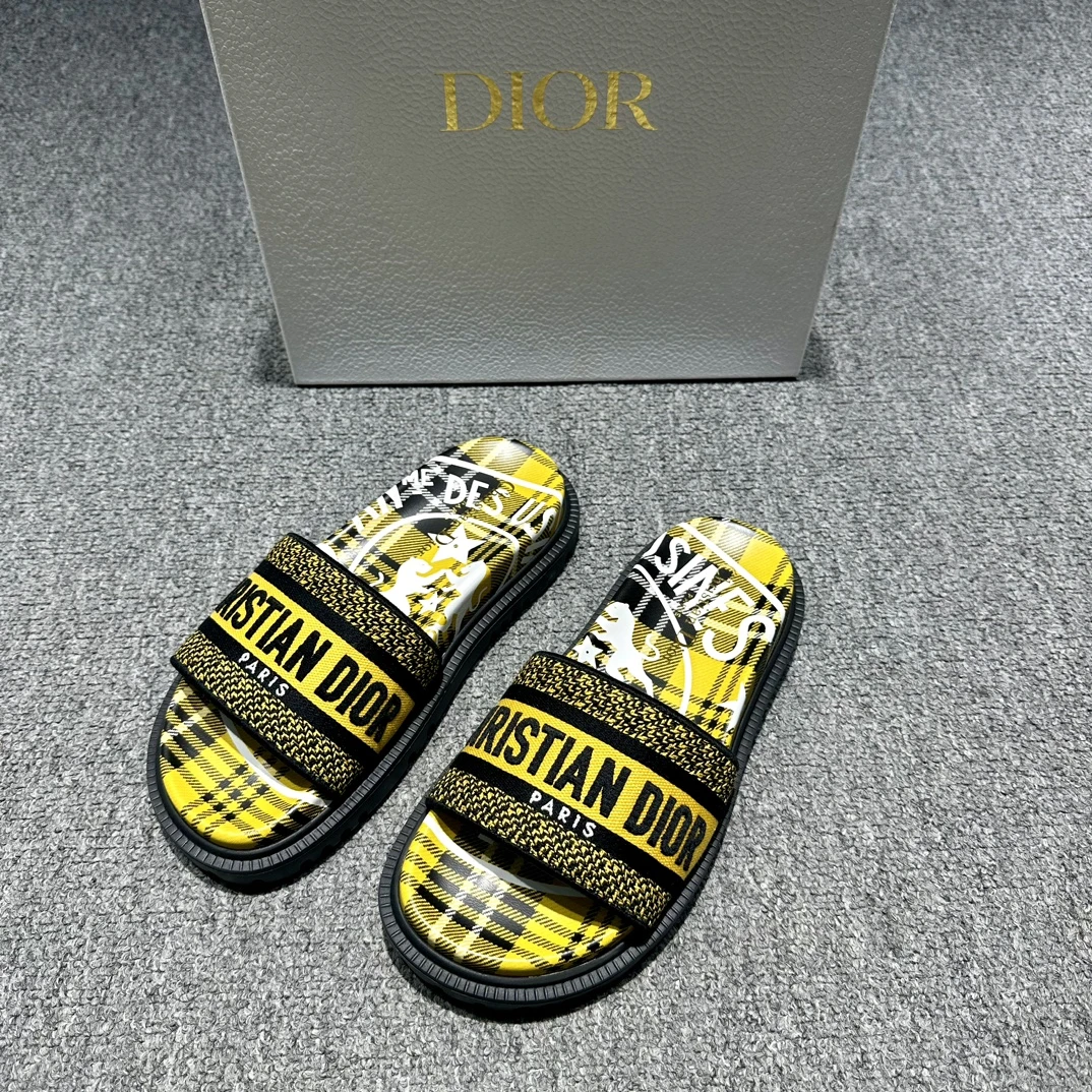 全新未使用 DIOR/迪奥 女士黄色字母织物拖鞋 凉女鞋124674