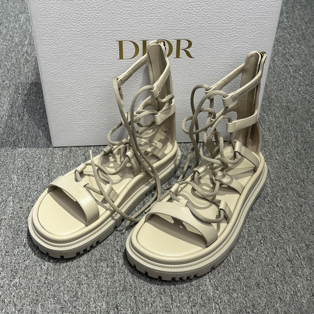 全新未使用 DIOR/迪奥 女士 深卡其色露趾系带凉鞋白色时尚128887