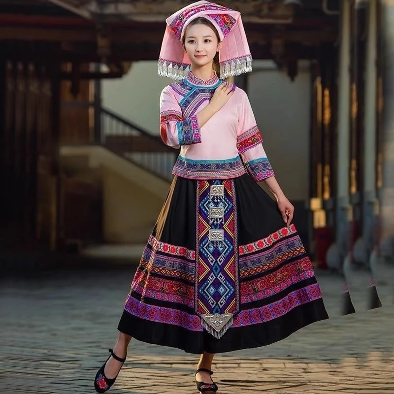 三月三成人广西壮族少数民族服装女苗族彝族舞蹈演出衣服长款套装