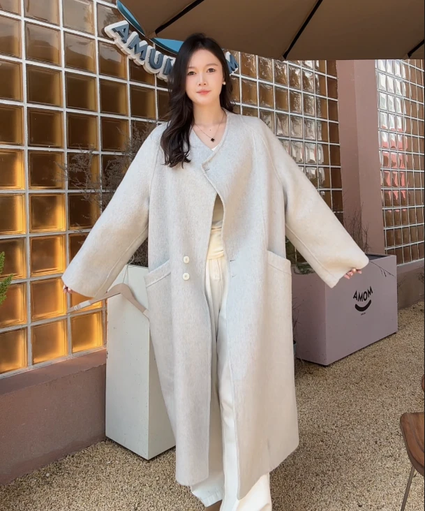 2024双面羊毛大衣极简风韩系慵懒气质宽松长款羊毛外套女装大衣