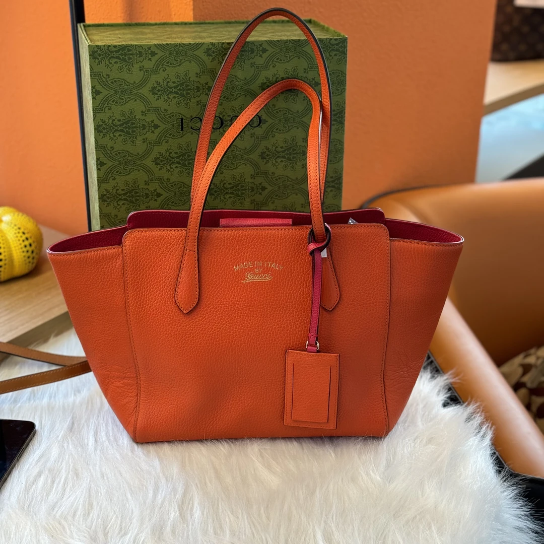 95新 GUCCI/古驰 橘色全皮托特单肩包 K02286