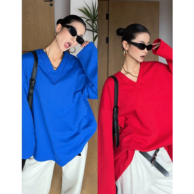 【巴黎画报】港式休闲慵懒风克莱因蓝V领长袖上衣T恤漂亮小衫