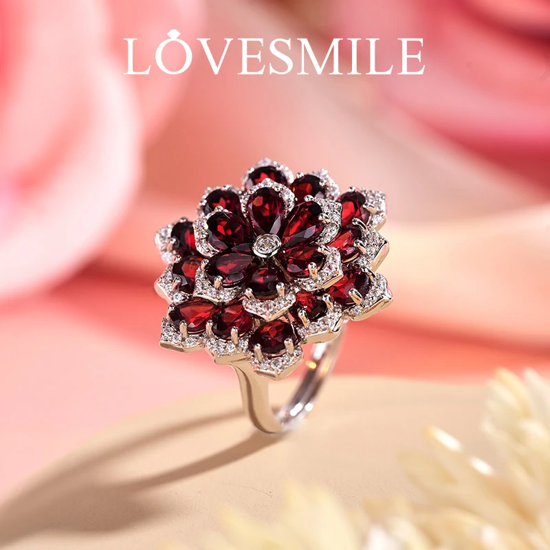 love smileS925银天然石榴石戒指轻奢实物精致时尚
