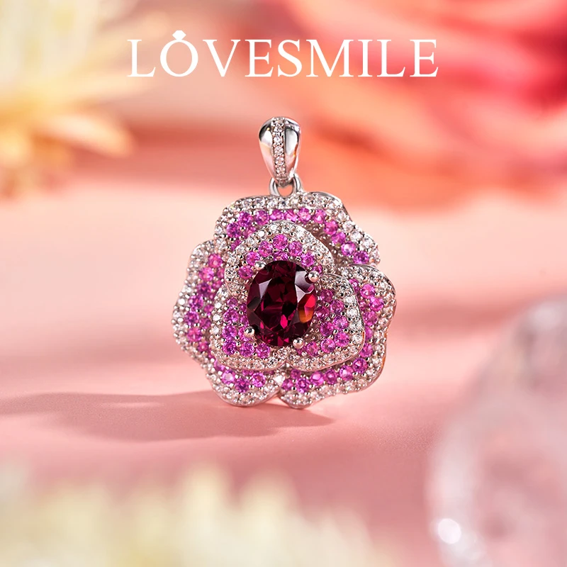 love smileS925银天然镁铝石榴石吊坠玫瑰花时尚大气精致优雅奢华