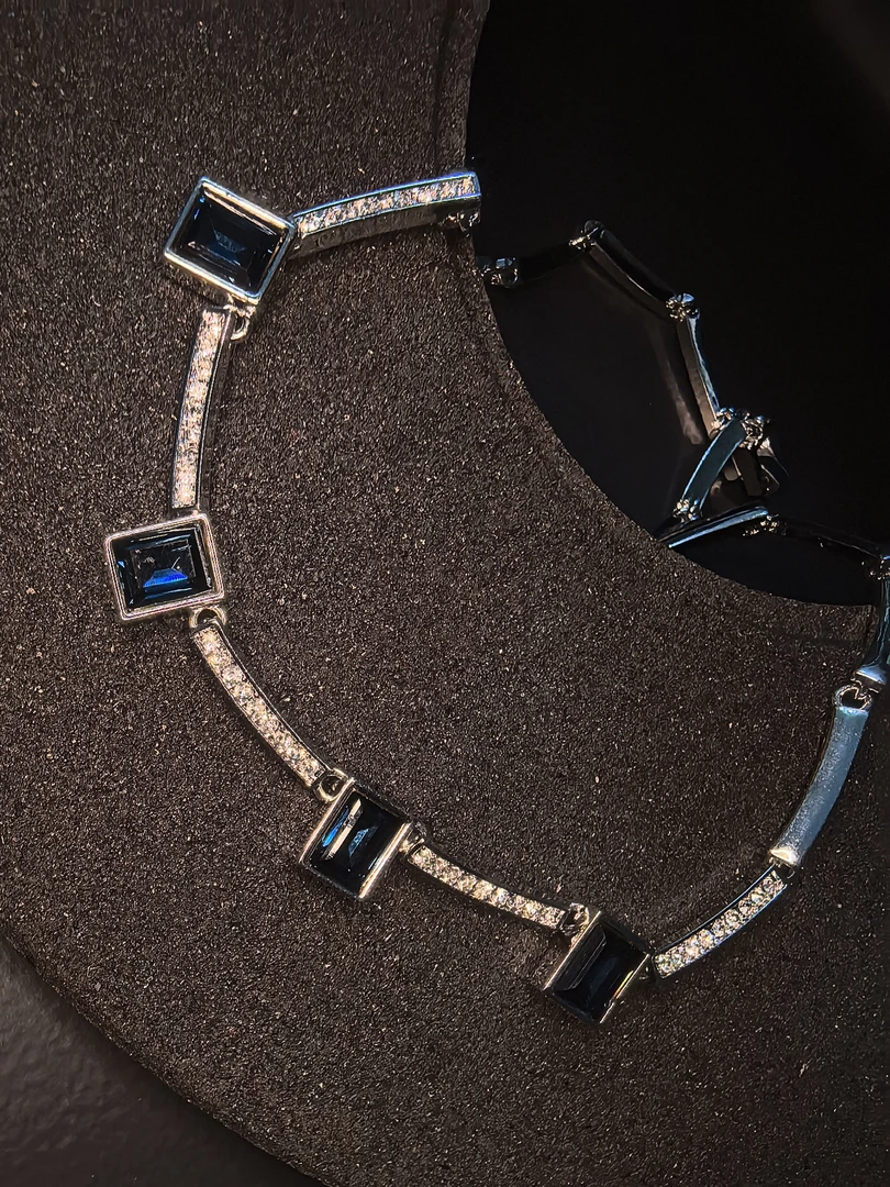 钛钢合成锆石项链 高级感墨蓝色锆石钛钢项链短款复古百搭
