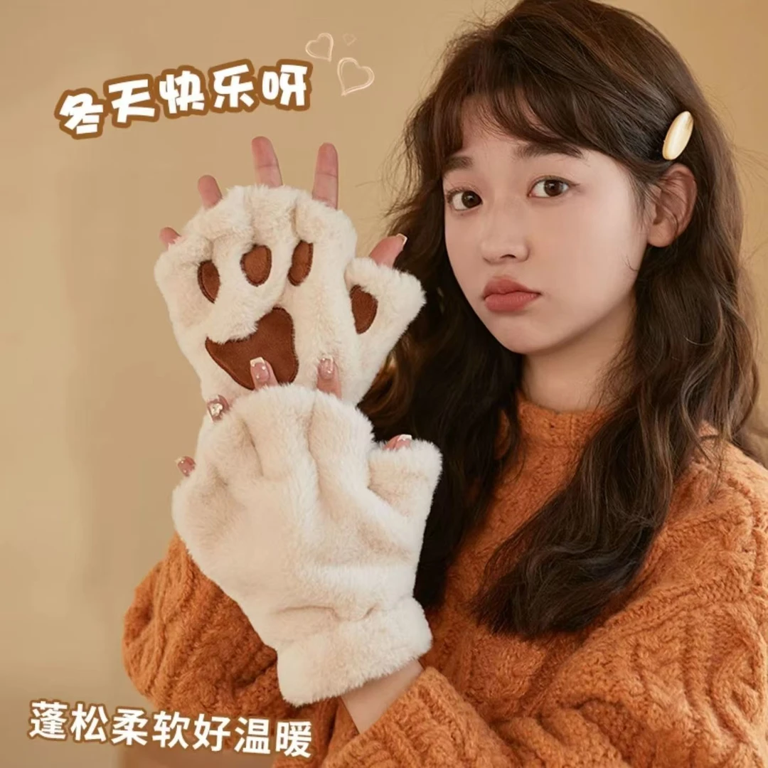猫爪半指手套加绒加厚可爱韩版ins风女冬季保暖防寒学生露指骑行