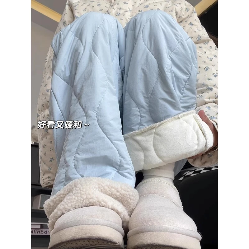 东北加绒棉裤女保暖外穿秋冬2025新款休闲百搭羊羔绒蓝色阔腿裤子