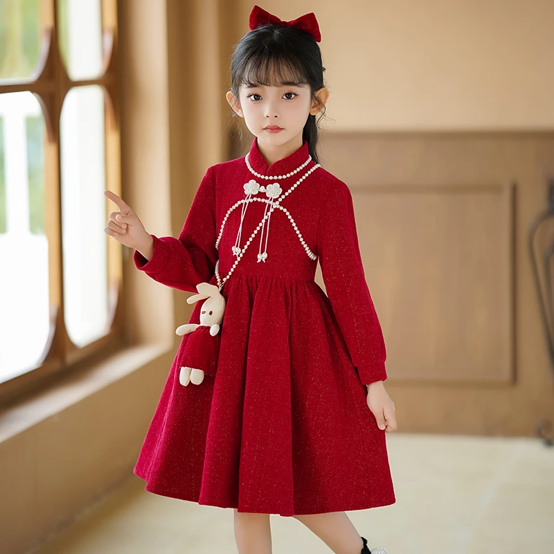 女童旗袍连衣裙秋冬2023新款儿童洋气冬装中国风女孩长袖红色裙子