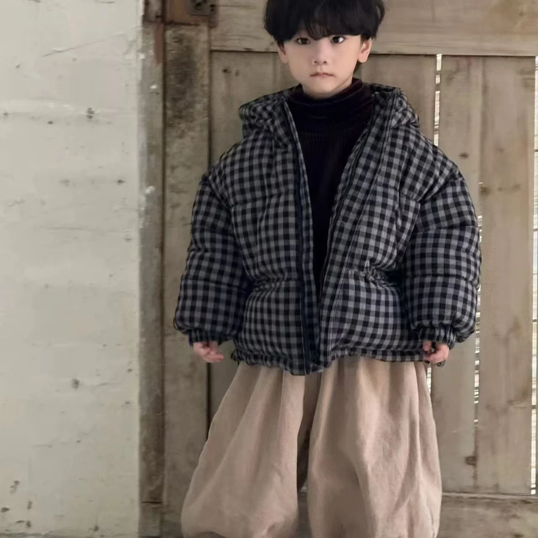 24新款男女中小童韩系格子棉服高端时尚洋气一件过冬外套