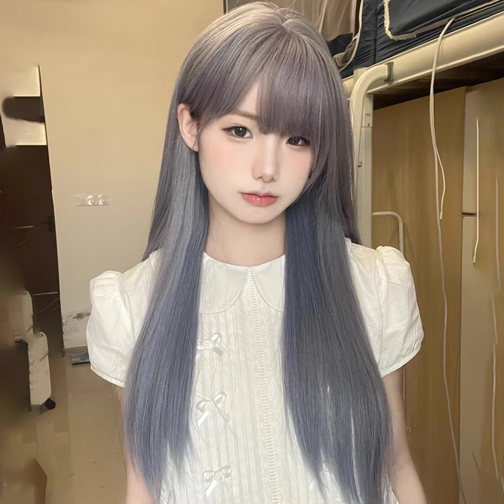 纤韵佳人假发渐变灰蓝色女长发仿真长直发女生自然圆脸发全头套式