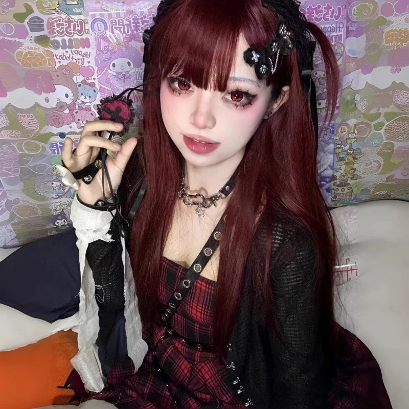 纤韵佳人假发女jk全头套女长直发显白甜酷空气刘海树莓红Lolita